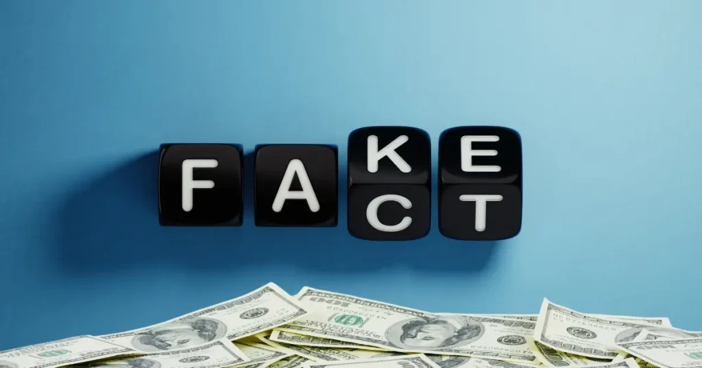 fake or fact letter blocks on blue background with pile of money at the bottom of photo