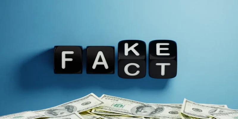 fake or fact letter blocks on blue background with pile of money at the bottom of photo