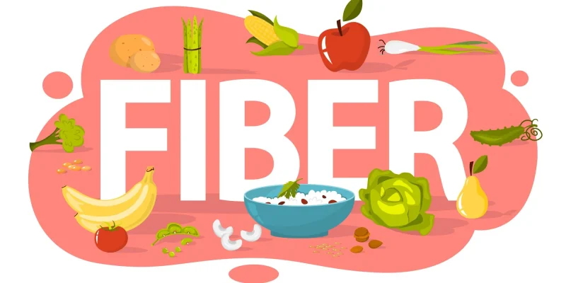 word fiber in all caps and large with foods rich in fiber all around