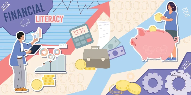 Financial literacy collage in flat style with coins calculator piggy bank and human characters vector illustration
