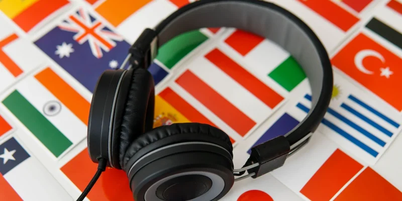 lots of different country flags and a pair of headphones, symbolizing learning different languages