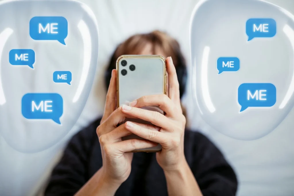 woman phone with bubbles, me me me me 