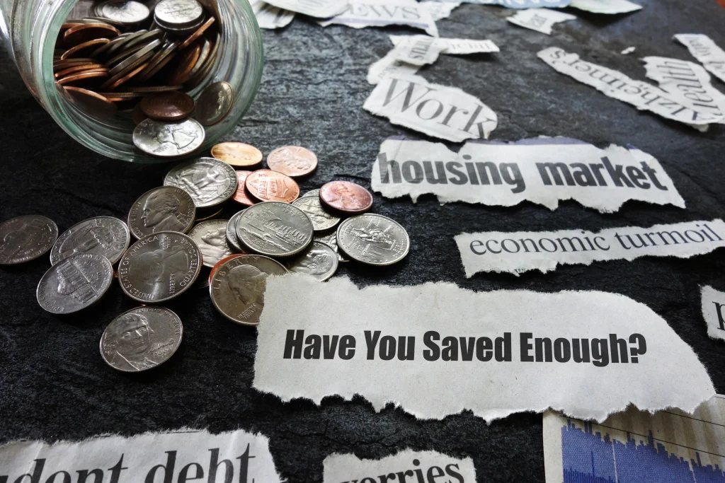 Have You Saved Enough news headline with coin jar and assorted economic newspaper headlines -- retirement concept