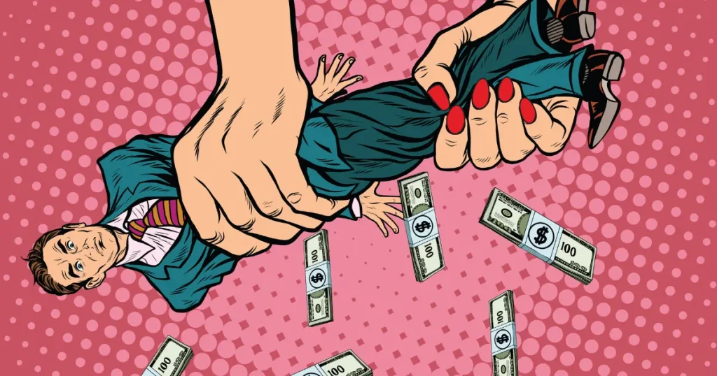 Female hands squeeze men money, pop art retro vector illustration