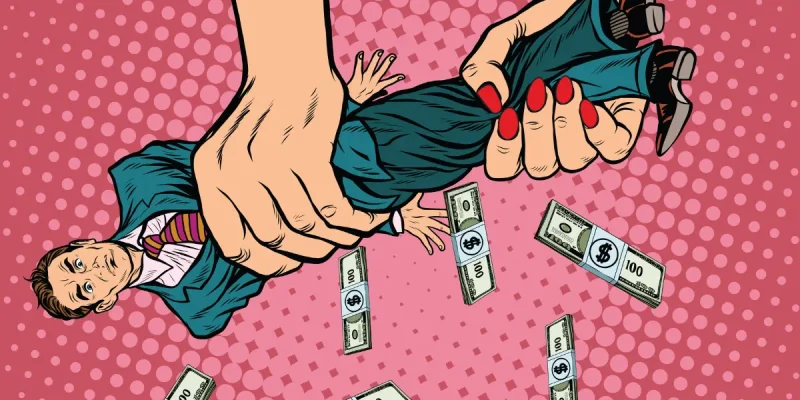 Female hands squeeze men money, pop art retro vector illustration