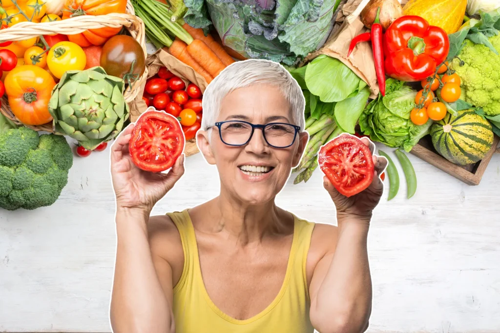 lady with tomatoes, veggie background