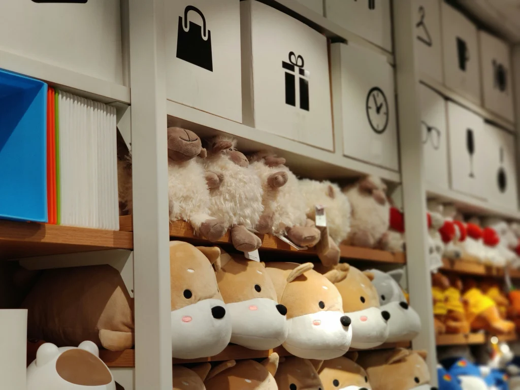 toy store shelves filled with stuffed animals