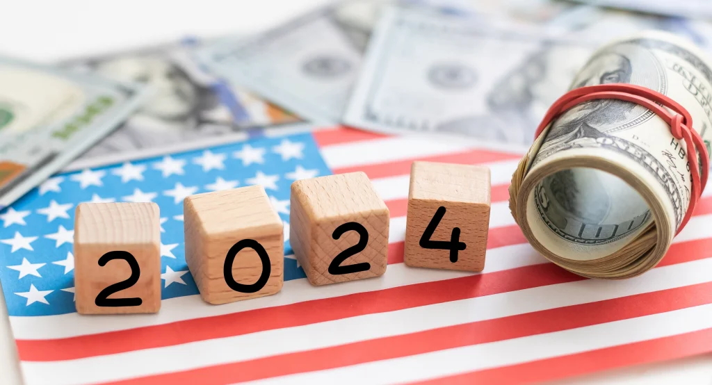 us coin and dollar banknote with usa flag 2024