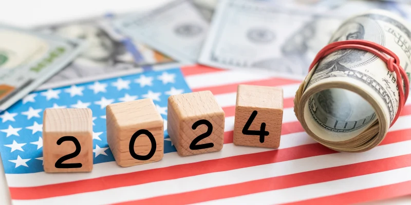 us coin and dollar banknote with usa flag 2024