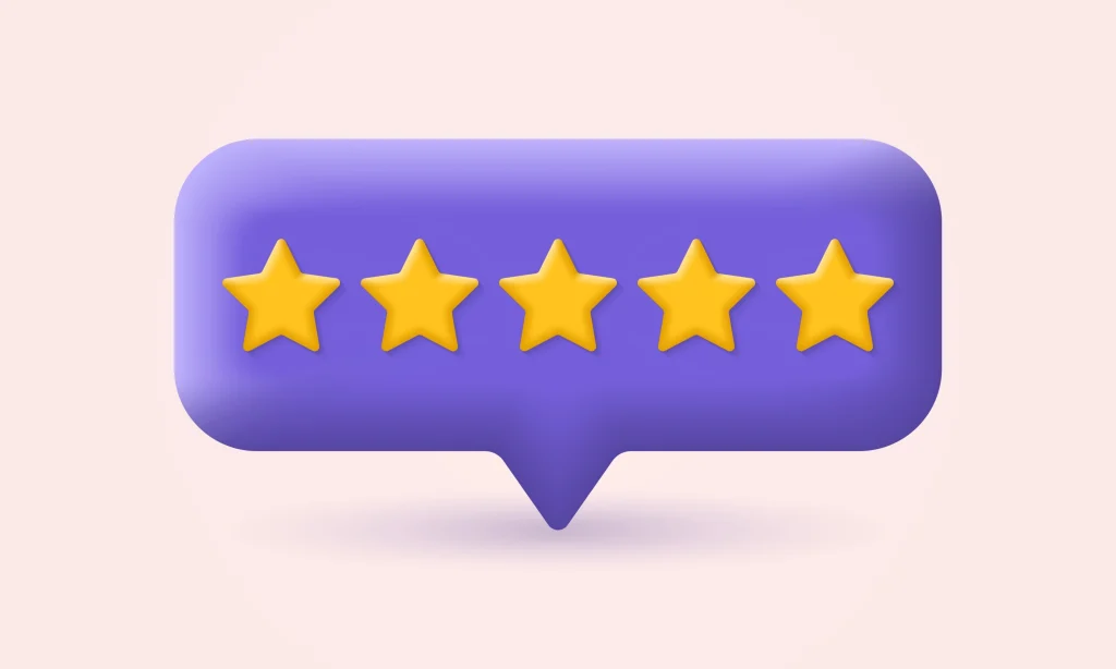 5 star feedback 3d icon. Customer review concept with five stars. Service satisfaction, quality, good rate template. Vector illustration.