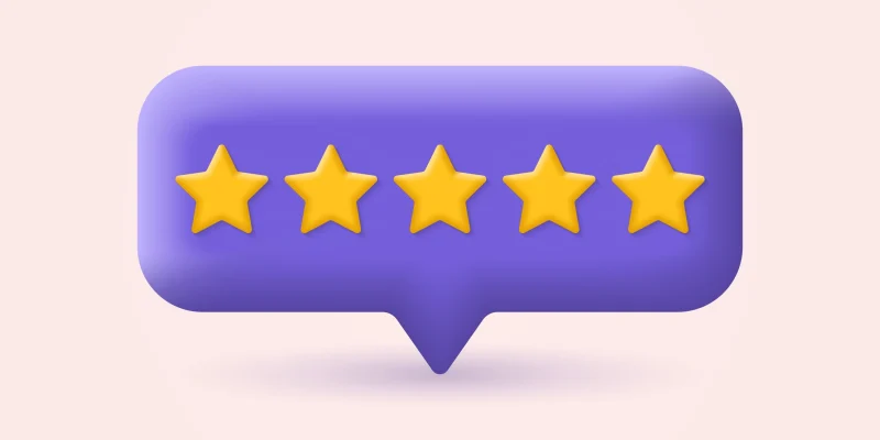 5 star feedback 3d icon. Customer review concept with five stars. Service satisfaction, quality, good rate template. Vector illustration.