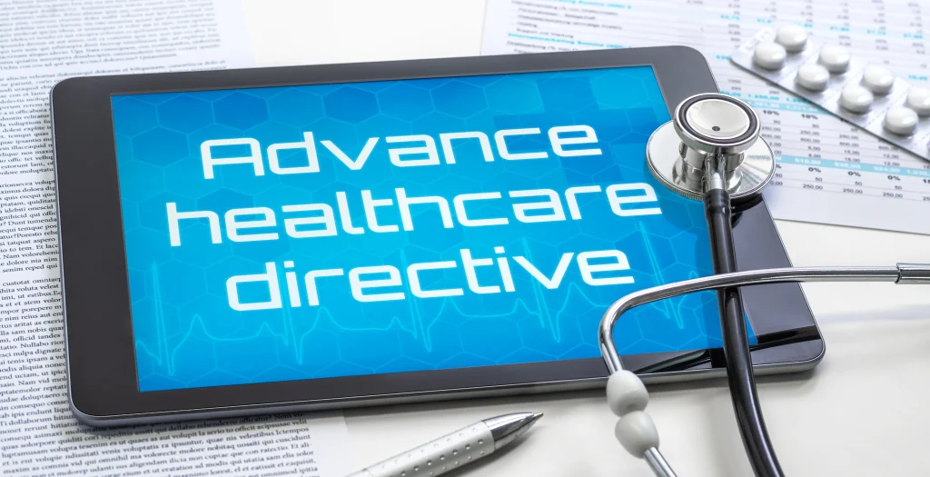 A tablet with the word Advanced healthcare directive on the display
