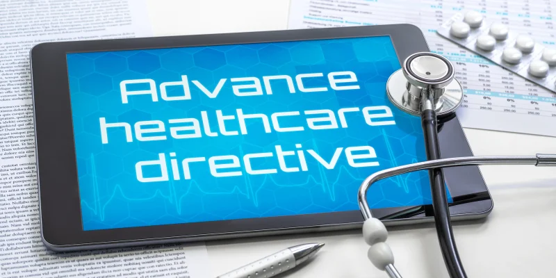 A tablet with the word Advanced healthcare directive on the display
