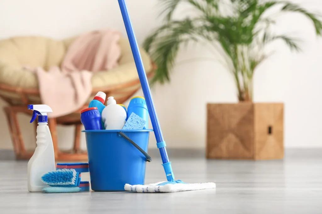 blue cleaning supplies