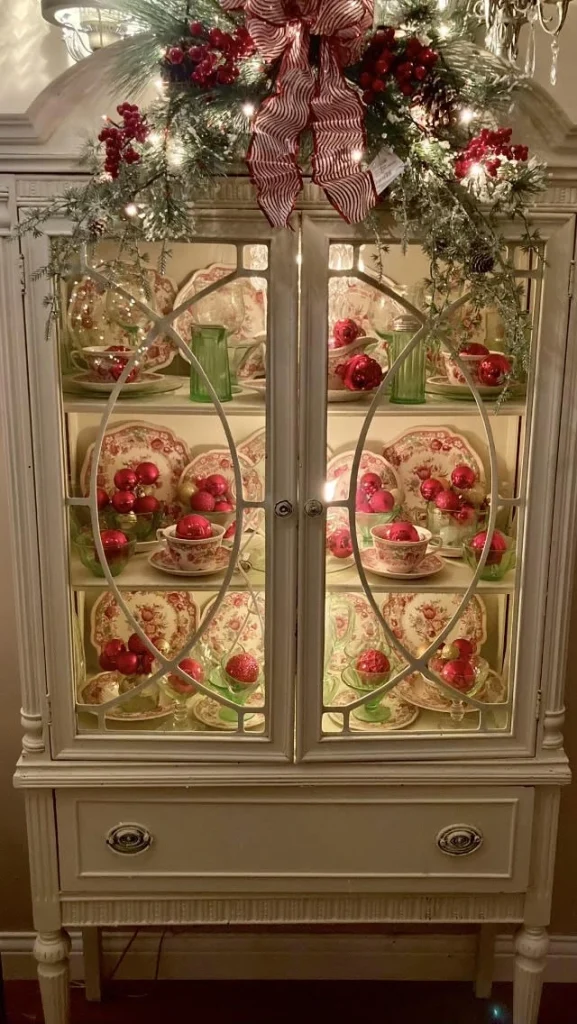 christmas decor in a hutch

