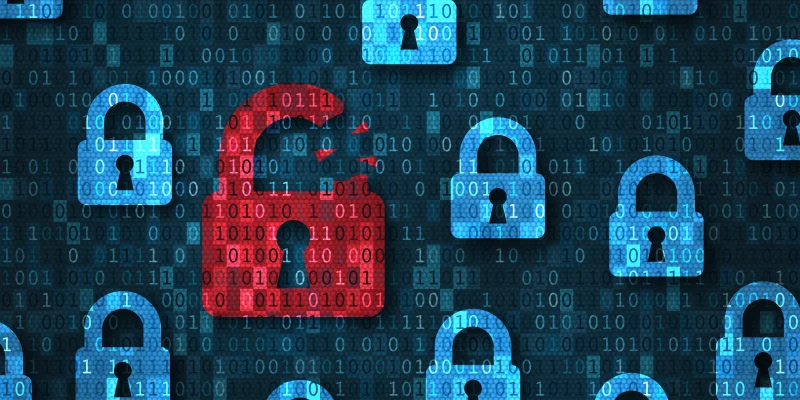 Security breach, system hacked alert with red broken padlock icon showing unsecure data under cyberattack, vulnerable access, compromised password, virus infection, internet network with binary code