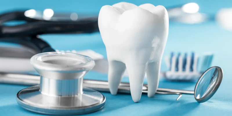 White healthy tooth, different tools for dental care Dental background