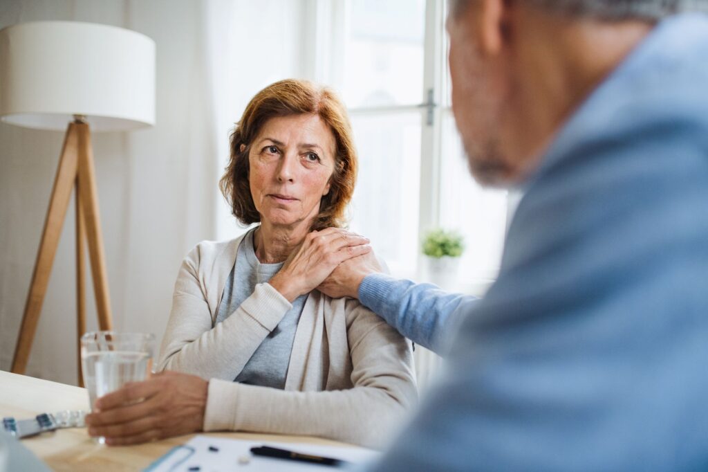 sad senior woman healthy or unhealthy