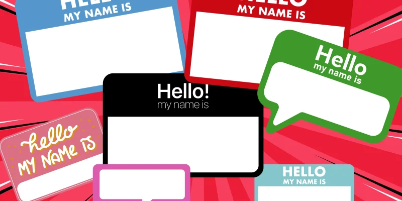 multi-colored hello my name is nametags to recall names on a red bursting pop art background