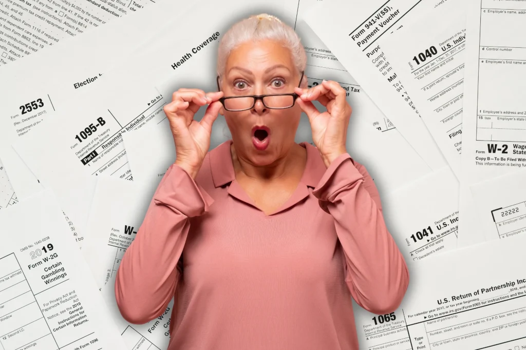 older lady shocked tax forms
