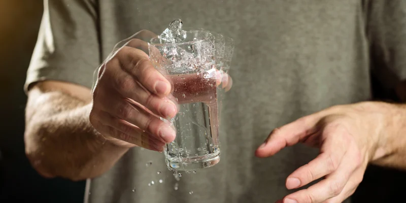 A man holds a glass of water with a shaking hand. The concept of parkinson's disease and tremor