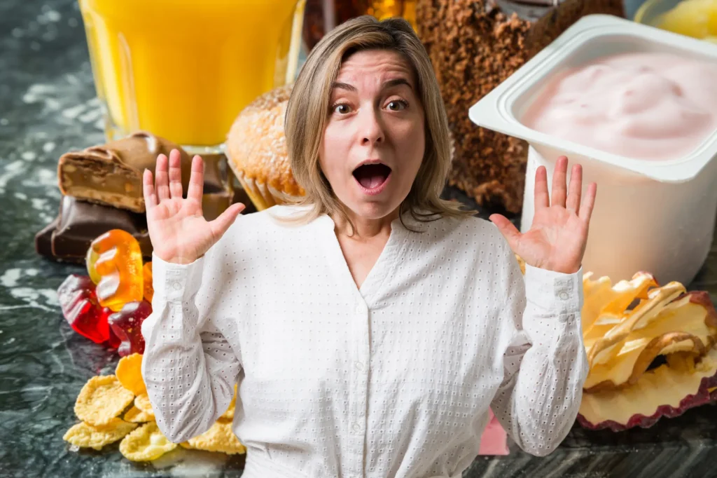 older lady shocked amid background of junk food
