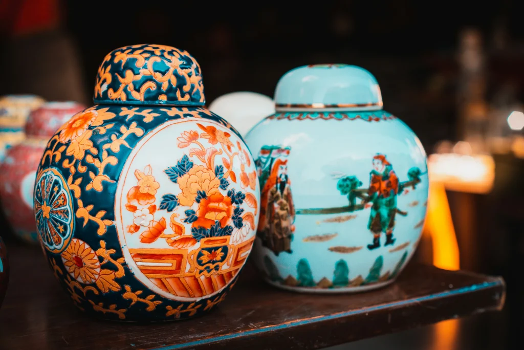 decorative urns on a shelf