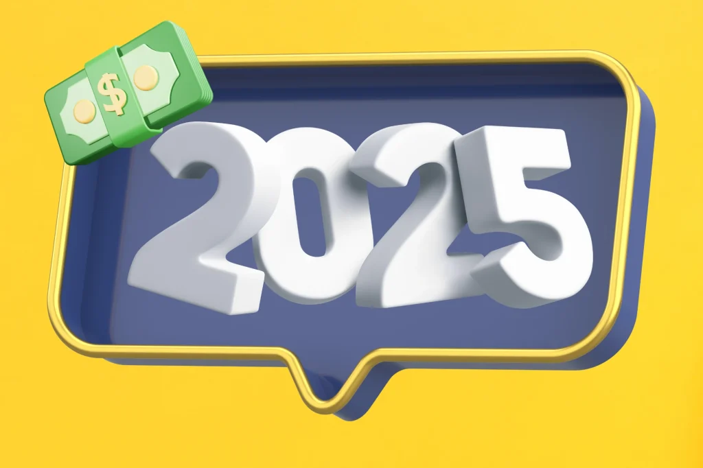 2025 in a text bubble with money on the top, yellow background, social security cola for 2025 cover photo