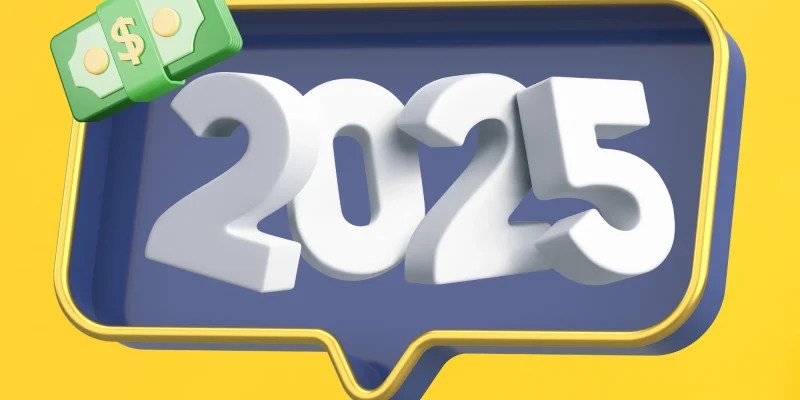 2025 in a text bubble with money on the top, yellow background