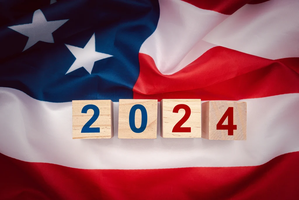 american flag with 2024 blocks on top in blue and red, symbolizing election 2024