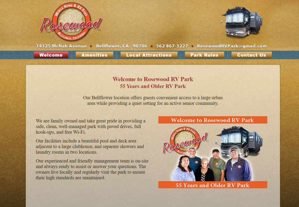 screenshot of Rosewood Mobile Home & RV Park website