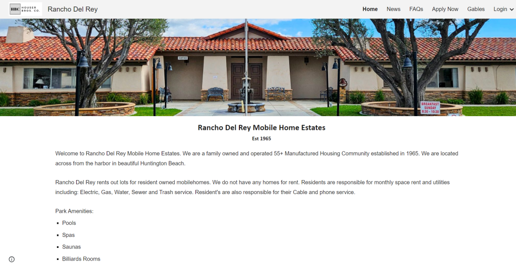 screenshhot of Rancho Del Rey Mobile Home Estates website