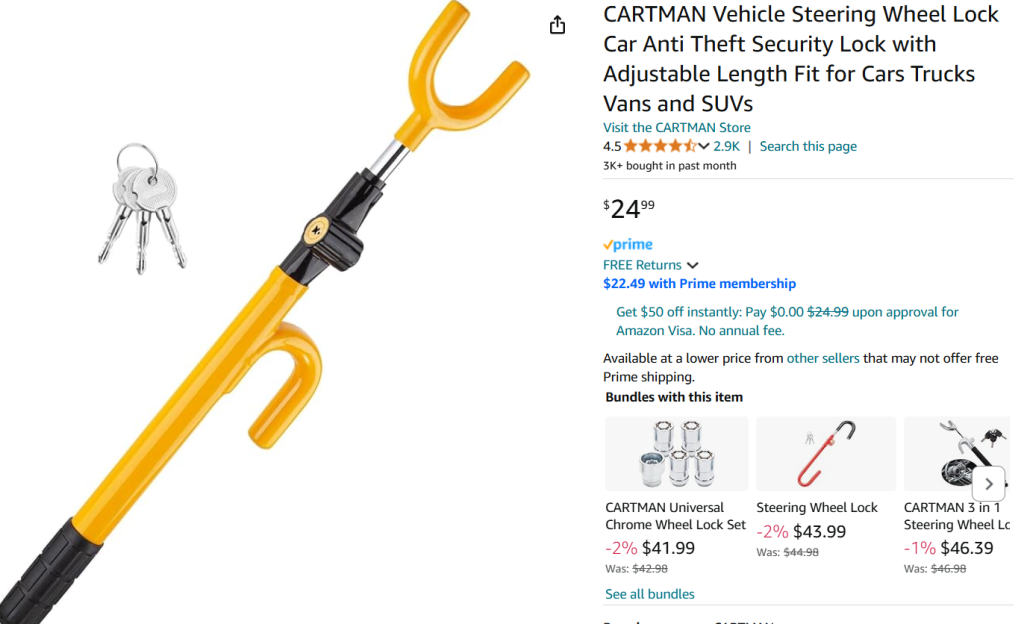 https://amzn.to/3Aji8QK steering wheel lock screenshot from Amazon