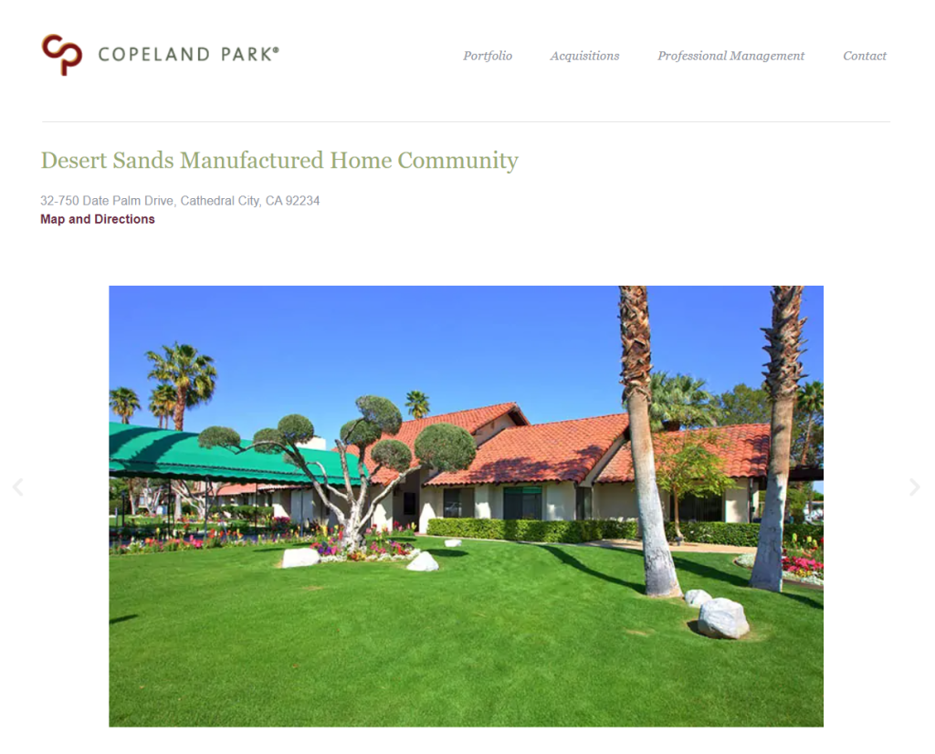screenshot of Desert Sands Mobile Home Community website