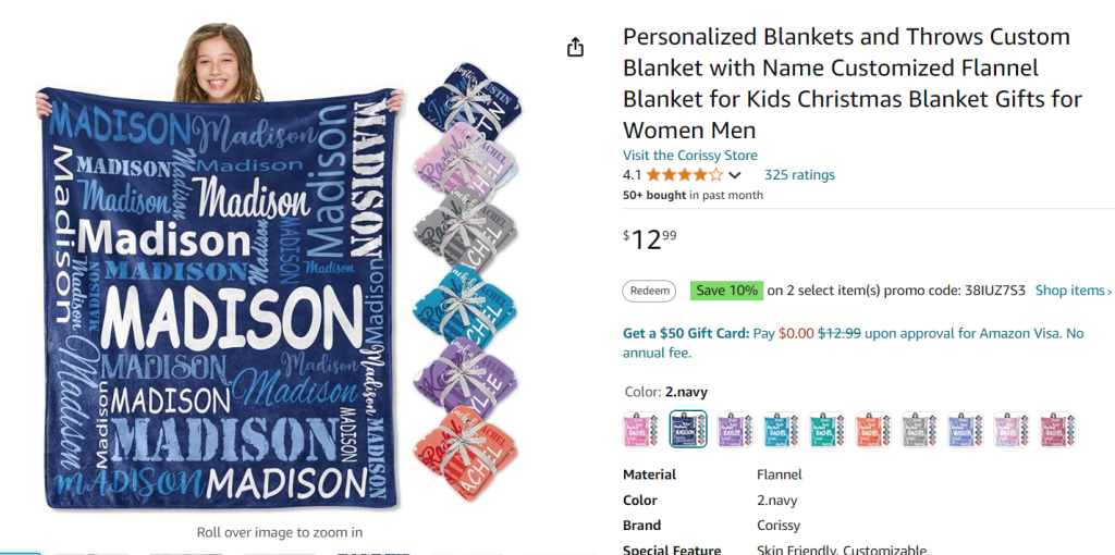 personalized blankets and throws for grandchildren screenshot from Amazon