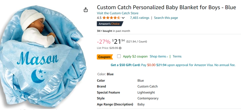 personalized baby blanket for infant grandchildren screenshot from Amazon