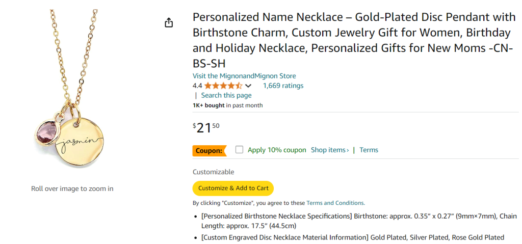 personalized necklace for grandchildren screenshot from Amazon