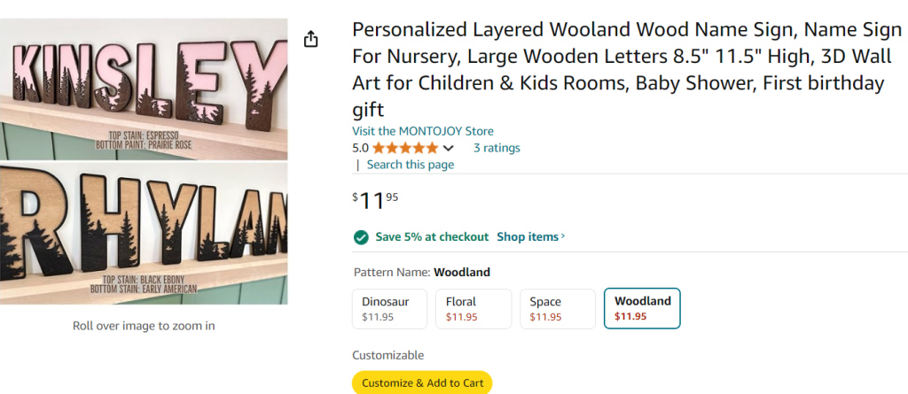 Personalized Wooden Sign screenshot from Amazon