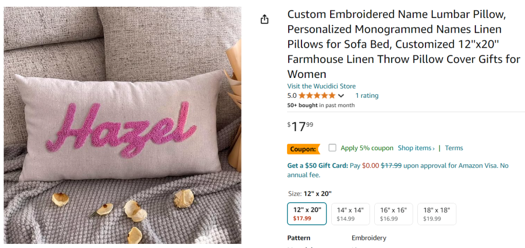 Personalized Throw Pillows screenshot from Amazon