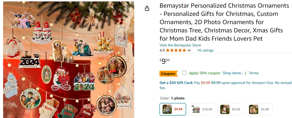 personalized 2d photo ornaments from Amazon