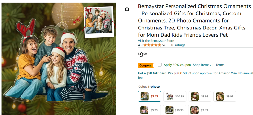 personalized 2d photo ornaments from Amazon