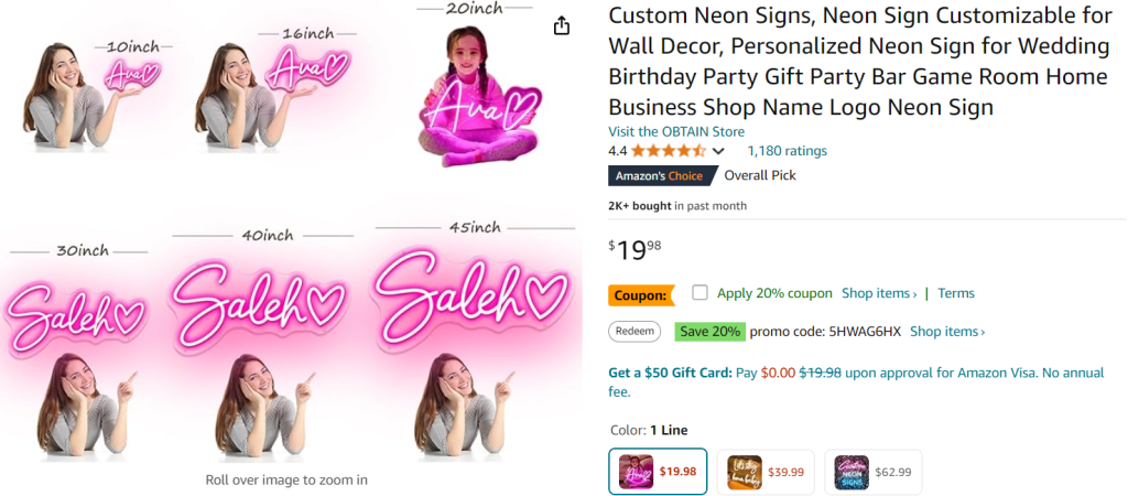 Personalized Neon Signs screenshot from Amazon