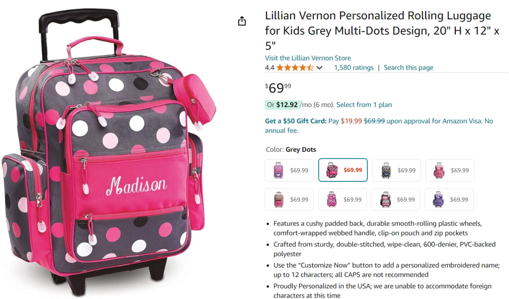 Personalized Luggage for grandchildren screenshot on Amazon