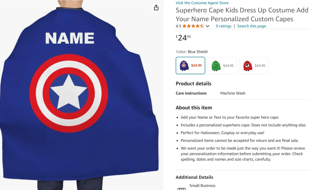Personalized Superhero Cape screenshot from Amazon