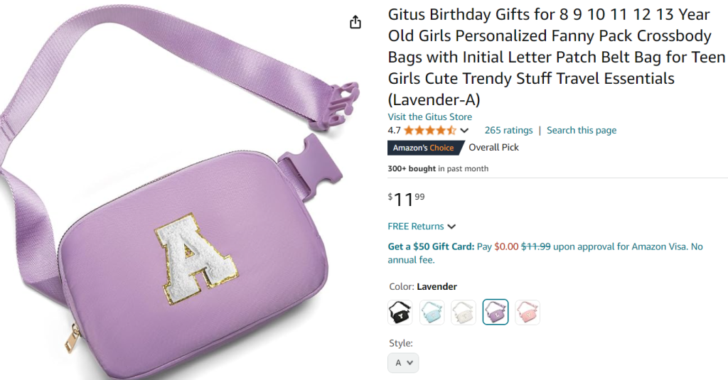 Personalized Purse, Fanny Packs, and Belt Bags screenshot from Amazon