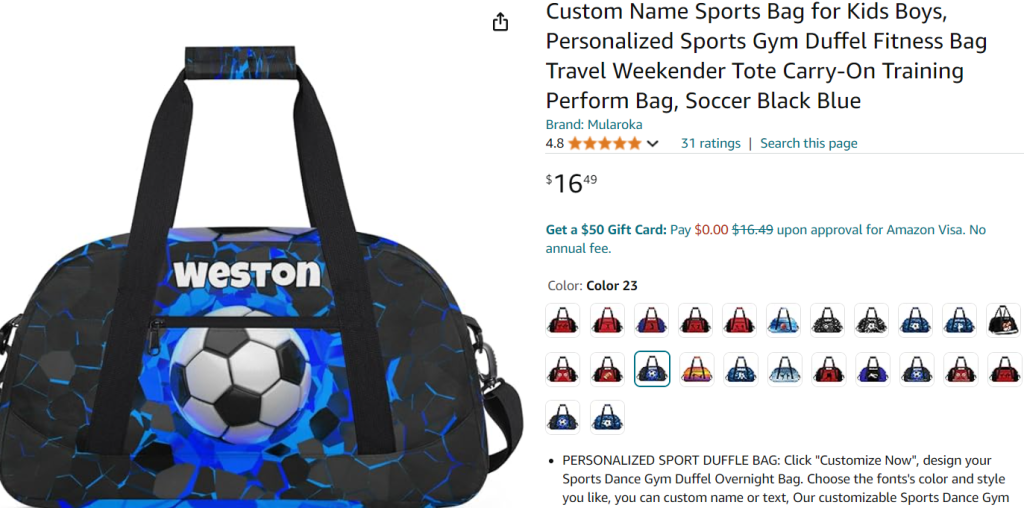 Personalized Totes screenshot from amazon