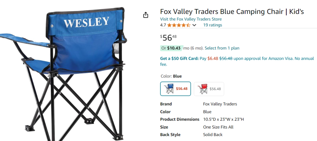 personalized kids camping chair from Amazon
