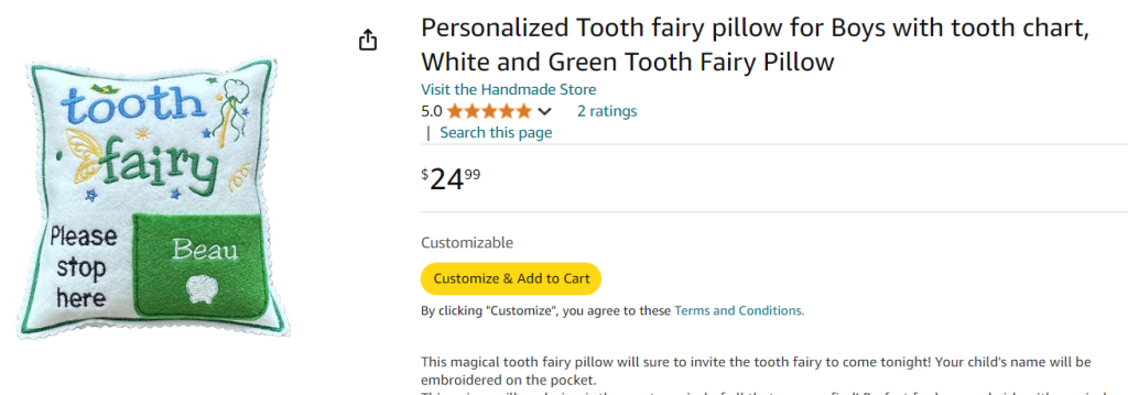 Personalized Tooth Fairy Pillow screenshot from Amazon