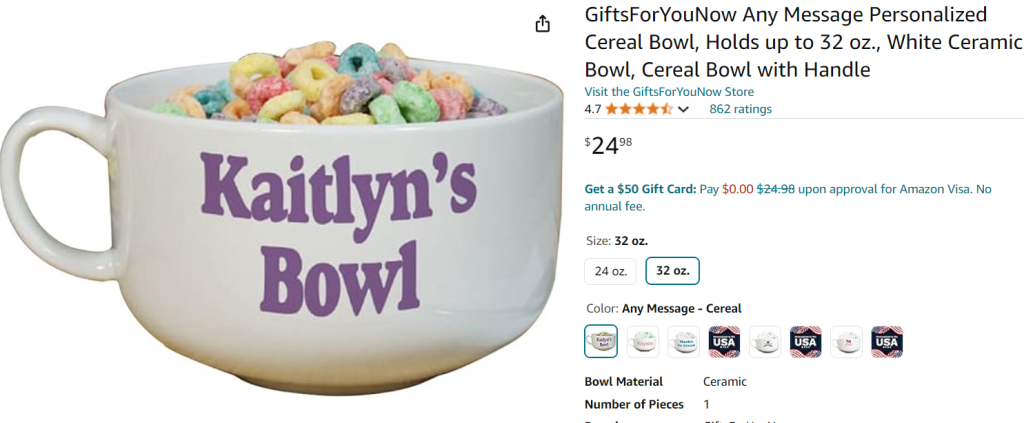 personalized snack bowl screenshot from Amazon