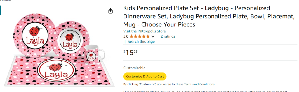 Personalized Dinnerware screenshot from Amazon